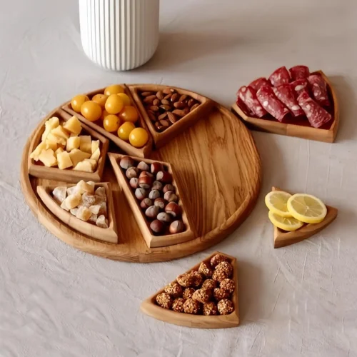 Wooden Serving Tray Charcuterie Board 8-Petal Detachable Divided Snack Plate Natural Wood Puzzle Tray for Kitchen Breakfast