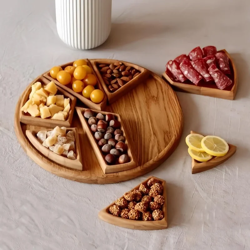 Wooden Serving Tray Charcuterie Board 8-Petal Detachable Divided Snack Plate Natural Wood Puzzle Tray for Kitchen Breakfast