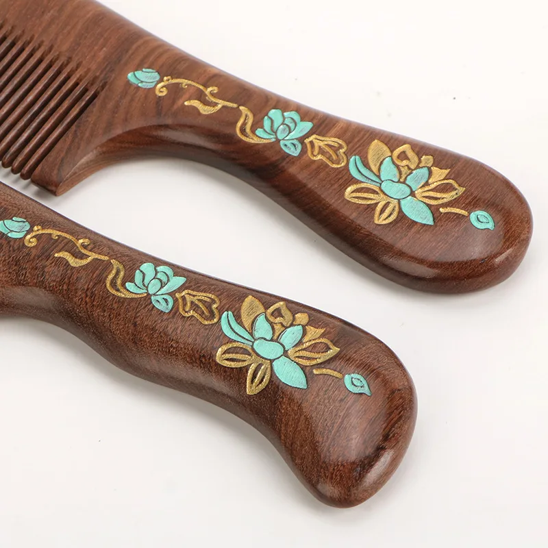 Black Ebony Wood Comb Colorful Massage Comb Head Meridian Ebony Wood Static Home Hair Care Gift Engraving Wholesale