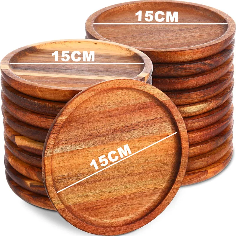 Wood Dinner Plates 5.9 Inch Round Wooden Plates Lightweight Classic Plate Handmade Serving Tray for Dishes Snack Food Gift