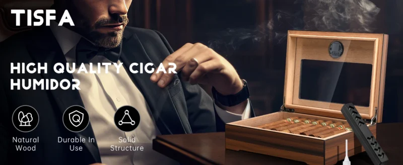 Cigar Humidor Box Cigar Case with Humidifier and Hygrometer, Cedar Wood Cigar Box with Divider, Cigar Gifts Accessories for Men