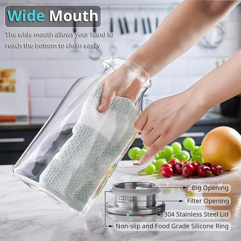 HeY LiLac 1.8L Glass Pitcher with Lid Vertical Stripes Glass Water Pitcher Water Carafe for Fridge Borosilicate Water Jug