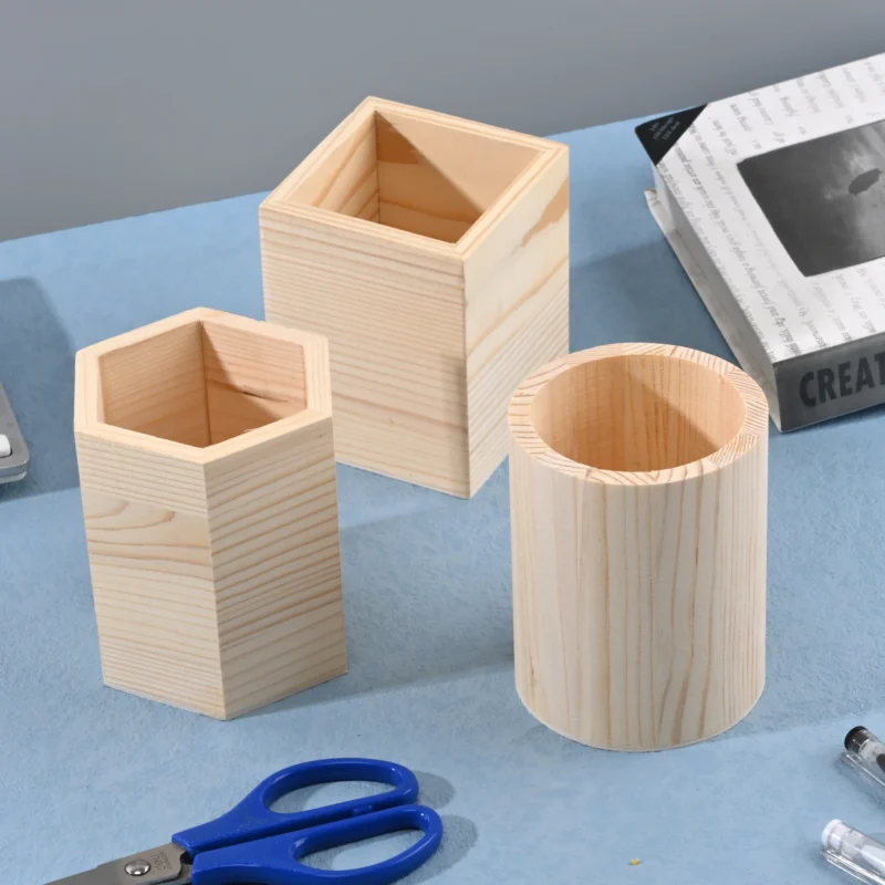 Pencil Holder Office Desk Wood Square/Round/Hexagon Pen Holder Pen Pot Cup Case Container Stationery Storage Organiser Supplies