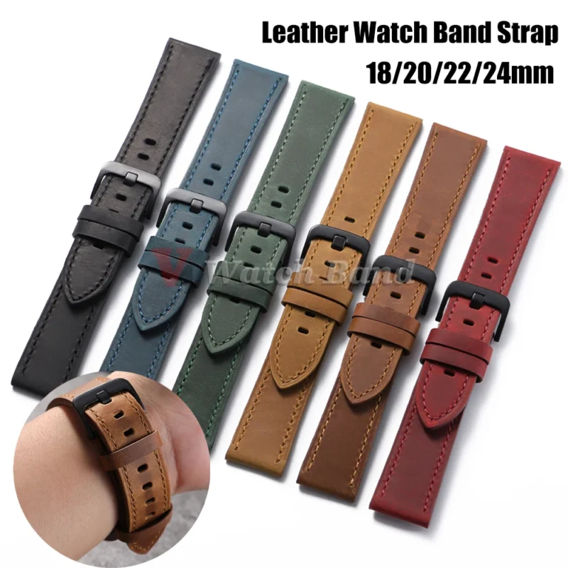 S0d154b5791a9493eb73a3697b3199b06u.webp Leather Watch Band Strap 18mm 20mm 22mm 24mm Sport Vintage Leather Men Women Watchband Stainless Steel Buckle Watch Accessories