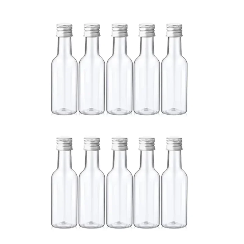 10Pcs Mini Liquor Bottles 50ml Plastic Spirit Bottles Silver/ Gold/ Black Caps Alcohol Shot Bottles