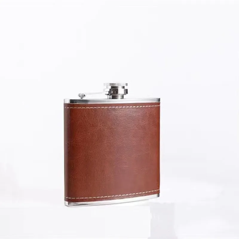 6-8oz Luxury Pocket Hip Flask Brown Leather Covered Small Stainless Steel Flask For Alcohol Portable Whiskey Flasks Gift