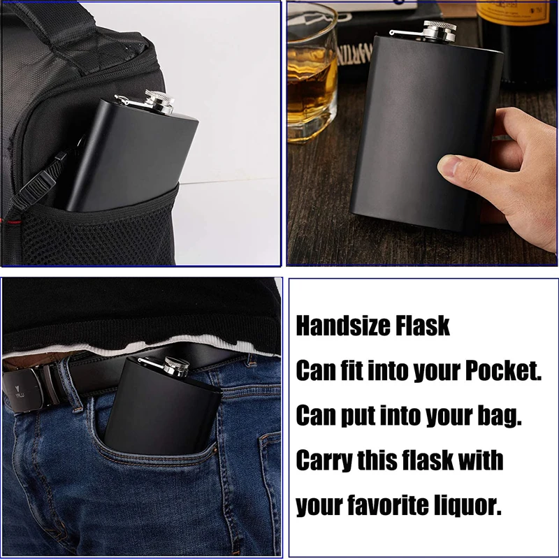 LMETJMA Matte Black Hip Flask for Liquor Stainless Steel Leak proof with Funnel Flask set Drinking Whiskey Flask KC0454