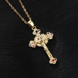 Jesus Cross Necklace for Women Men Retro Copper Zircon Colorful Cross Virgin Mary Pendants Jewelry Religion Prayer Baptism Gift