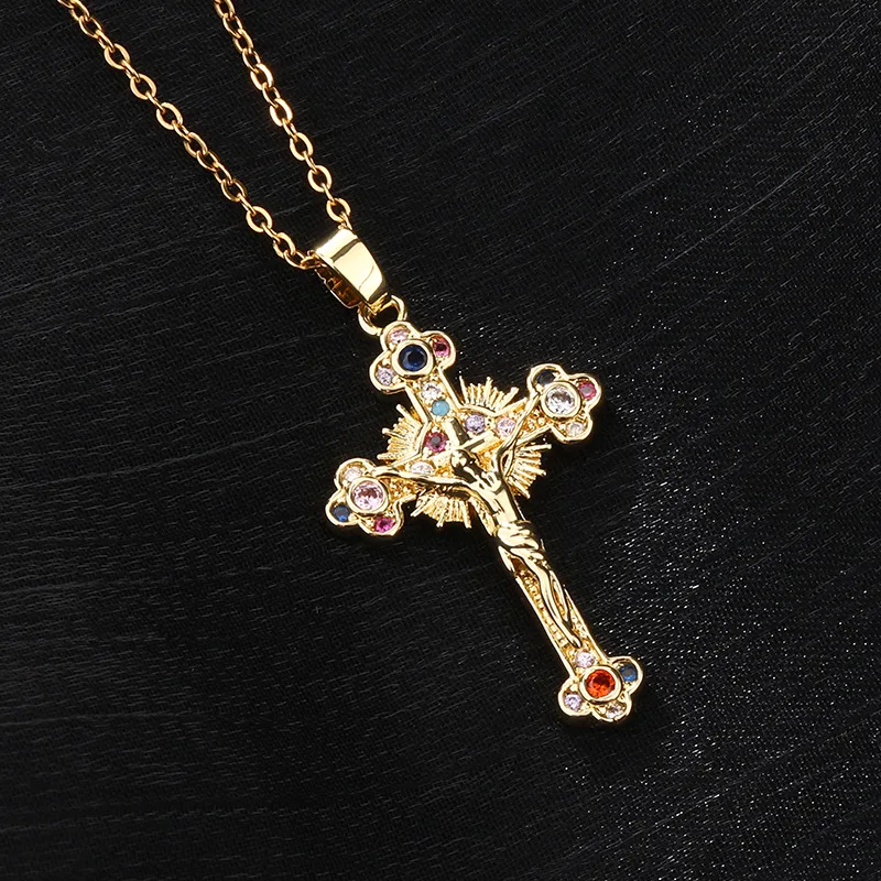Jesus Cross Necklace for Women Men Retro Copper Zircon Colorful Cross Virgin Mary Pendants Jewelry Religion Prayer Baptism Gift