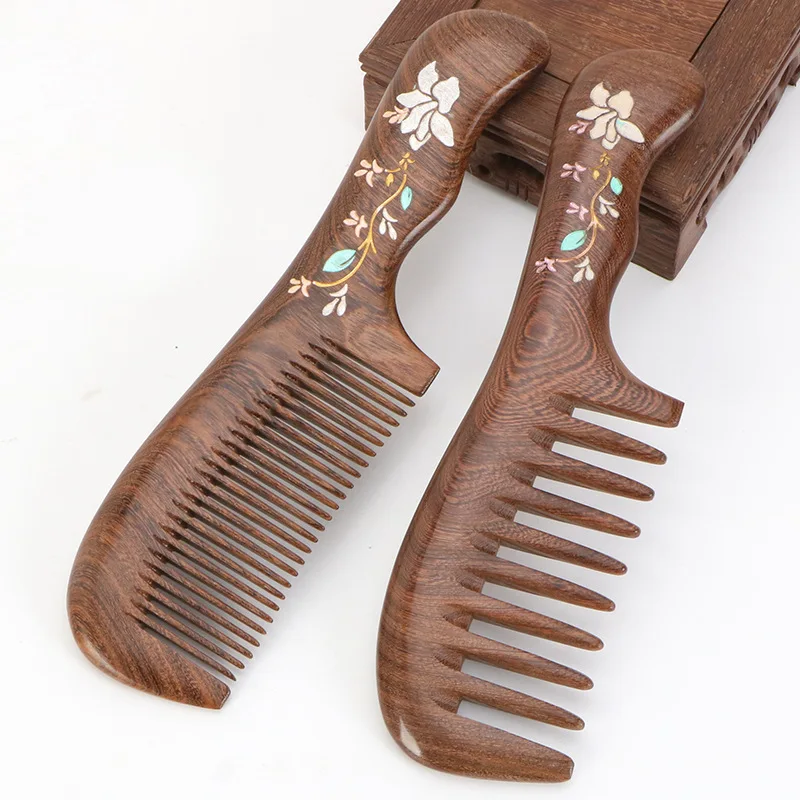 Black Ebony Wood Comb Colorful Massage Comb Head Meridian Ebony Wood Static Home Hair Care Gift Engraving Wholesale