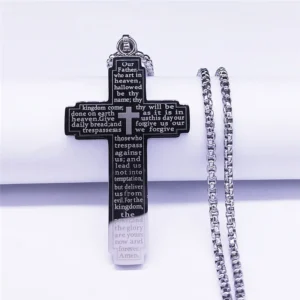 HNSP Stainless Steel Bible Pattern Cross Necklace Pendant For Men Chain Religion Protect Jewelry Accessories