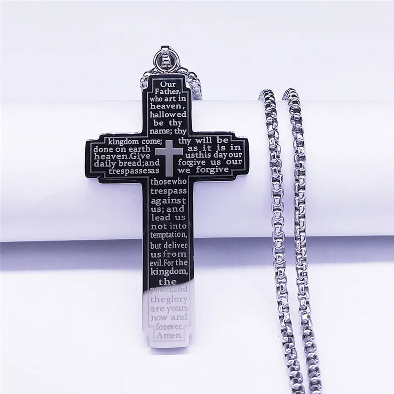 HNSP Stainless Steel Bible Pattern Cross Necklace Pendant For Men Chain Religion Protect Jewelry Accessories