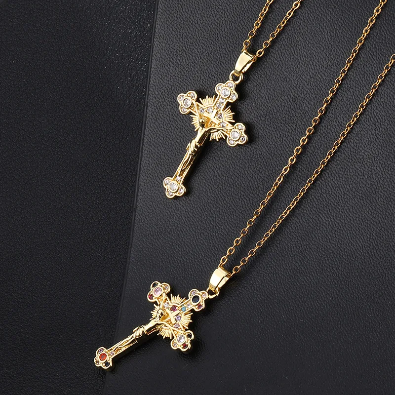 Jesus Cross Necklace for Women Men Retro Copper Zircon Colorful Cross Virgin Mary Pendants Jewelry Religion Prayer Baptism Gift