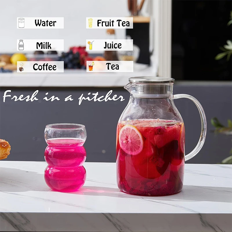 HeY LiLac 1.8L Glass Pitcher with Lid Vertical Stripes Glass Water Pitcher Water Carafe for Fridge Borosilicate Water Jug