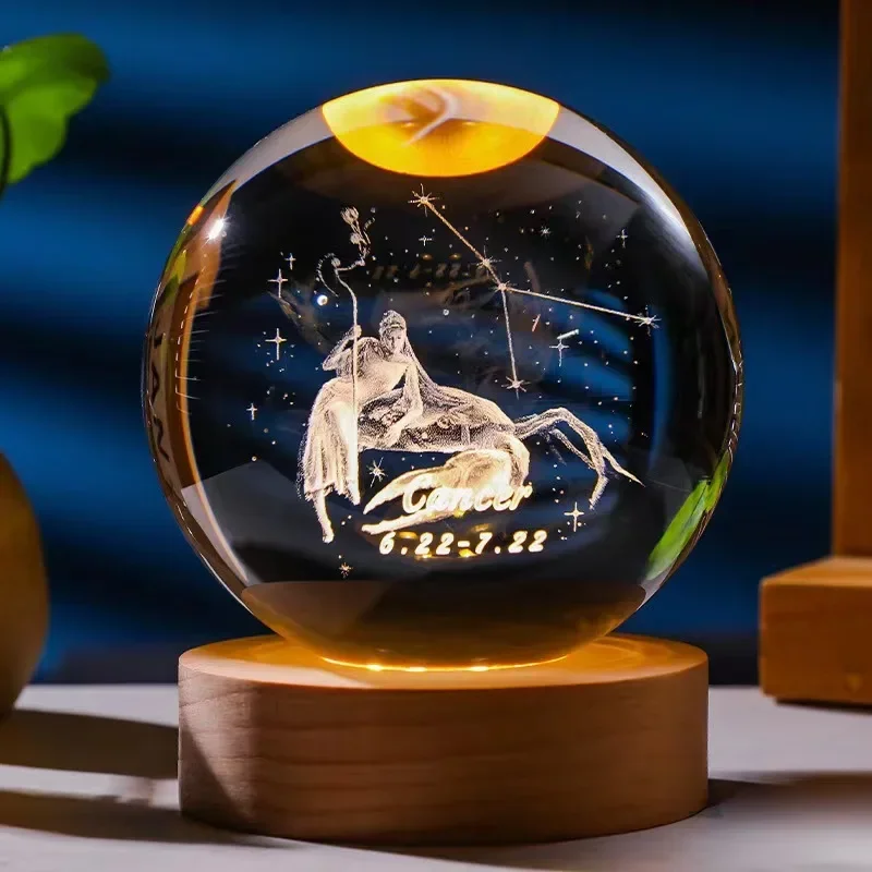 6cm 3D Crystal Ball Constellation Glass Planet Laser Engraved Birthday Gift Wooden Base Desktop Decor
