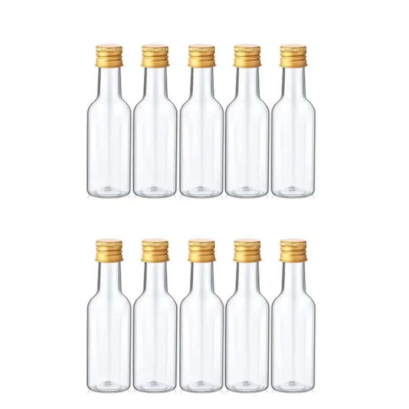 10Pcs Mini Liquor Bottles 50ml Plastic Spirit Bottles Silver/ Gold/ Black Caps Alcohol Shot Bottles