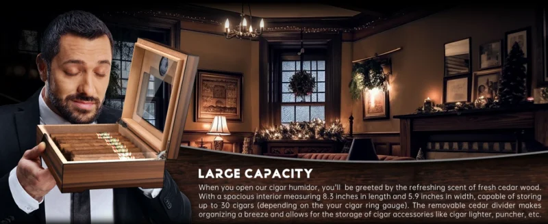 Cigar Humidor Box Cigar Case with Humidifier and Hygrometer, Cedar Wood Cigar Box with Divider, Cigar Gifts Accessories for Men