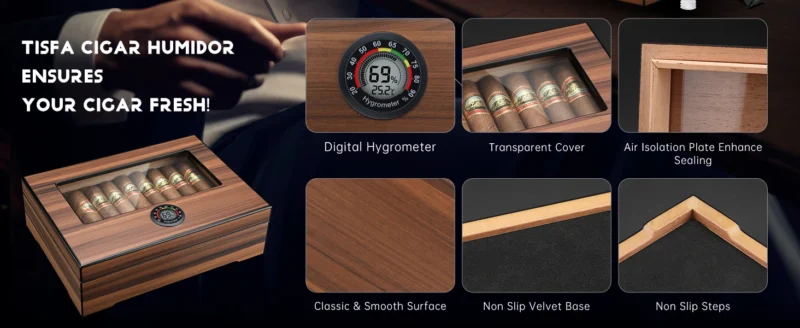 Cigar Humidor Box Cigar Case with Humidifier and Hygrometer, Cedar Wood Cigar Box with Divider, Cigar Gifts Accessories for Men