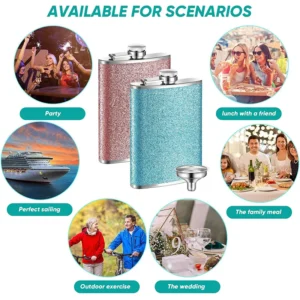 8oz Glitter Bling Hip Flask Stainless Steel Hip Flask with Never-Lose Cap and Funnel Leakproof Liquor Alcohol Flasks For Whiskey