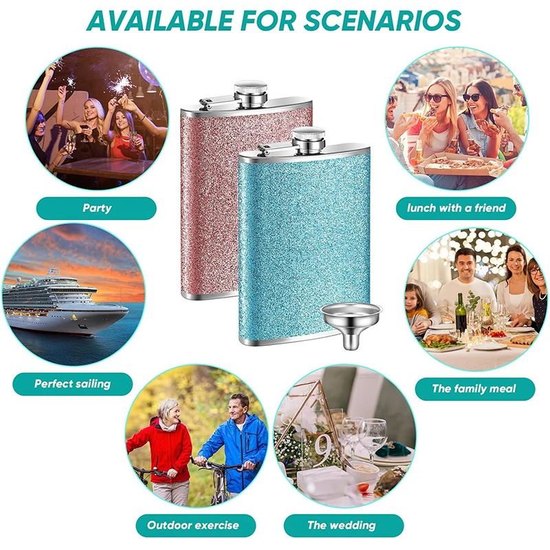 8oz Glitter Bling Hip Flask Stainless Steel Hip Flask with Never-Lose Cap and Funnel Leakproof Liquor Alcohol Flasks For Whiskey