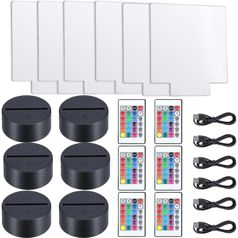 6 Sets DIY 3D Night LED Light Lamp Including 6 Light Display Stands And Clear Acrylic Sheets With Remote And USB Cables For Room