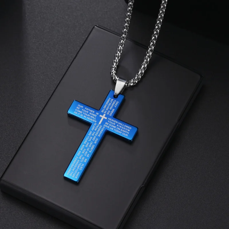 Christian Jesus Cross Necklace For Men Women Stainless Steel Chains Choker Religion Blue Pendants Jewelry Prayer Baptism Gifts