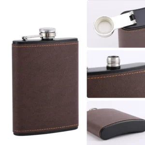 6/8oz Portable Hip Flask Brown Leather Covered Stainless Steel Flask for Alcohol Whiskey Flasks Man Gift