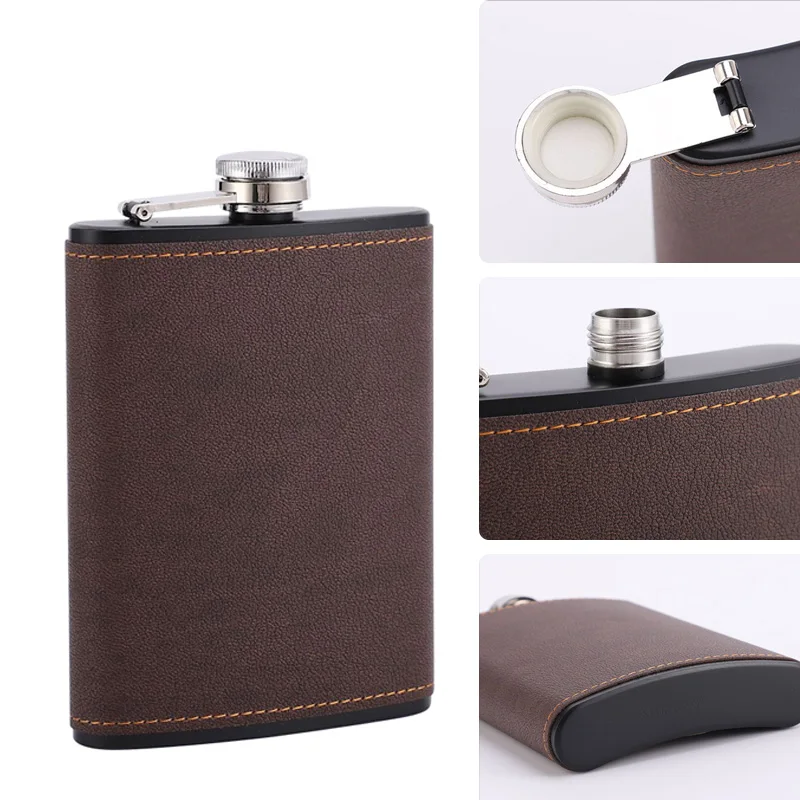 6/8oz Portable Hip Flask Brown Leather Covered Stainless Steel Flask for Alcohol Whiskey Flasks Man Gift