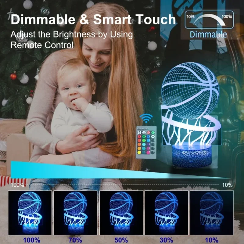 Basketball Night Light for Kids 3D LED Illusion Lamp Remote Control Brightness Adjustment Gifts for Girls Boys Room Decoration