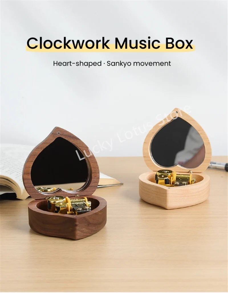 Wooden Heart Shaped Music Box Maple Wood 18 Tones Clockwork Musical Box Swan Lake Summer Moving Castle Birthday Gifts for Lovers