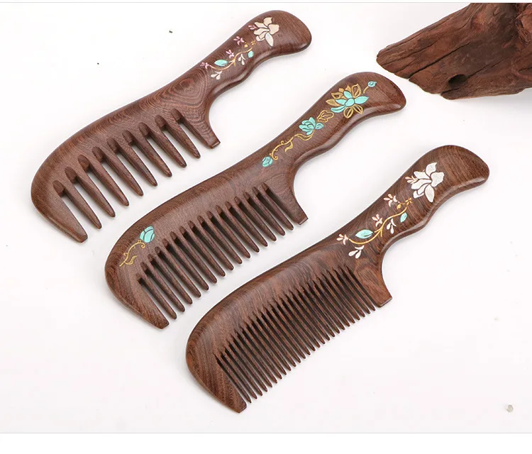Black Ebony Wood Comb Colorful Massage Comb Head Meridian Ebony Wood Static Home Hair Care Gift Engraving Wholesale