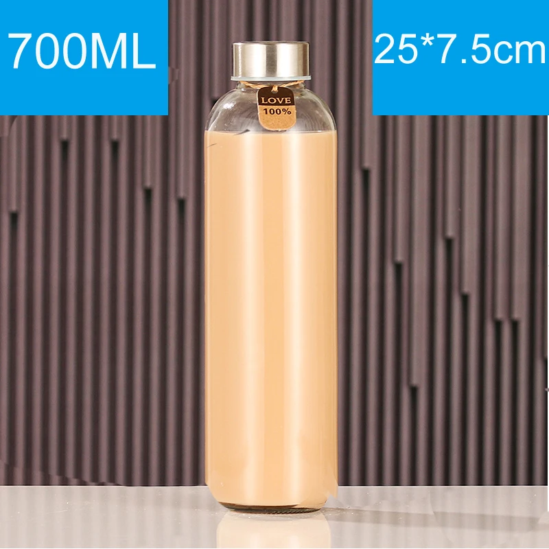 Glass Water Bottles Stainless Steel Leak Proof Lid Soda Lime  Reusable Drinking Bottle Sauce Jar Juice Beverage Container
