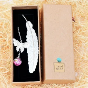 S2ac55aeffa104a078d8a8e4c043ef824M.webp Retro Bookmark Feather Butterfly Creative Metal Bookmarks Stationery Gift Metal Feather Bookmark In Gift Box Packaging