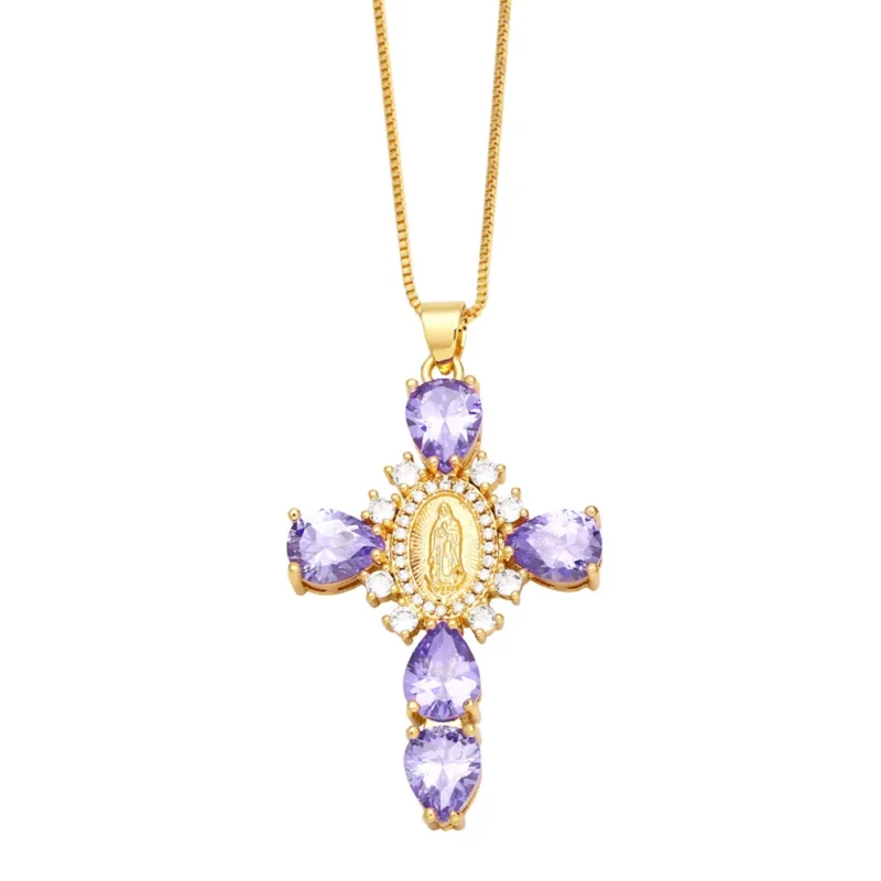 Jesus Cross Necklace for Women Men Retro Copper Zircon Colorful Cross Virgin Mary Pendants Jewelry Religion Prayer Baptism Gift