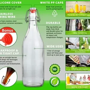 Flip Top Glass Bottles 1L (33oz) Pack of 6 – Airtight Swing Top for Kombucha, Beer, Soda, Water, Oil, Vinegar – Leak Proof Clear