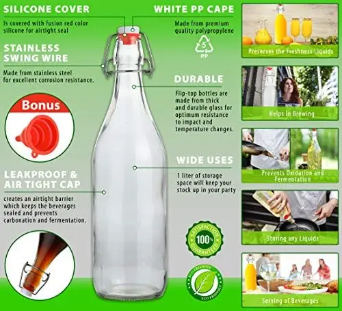 Flip Top Glass Bottles 1L (33oz) Pack of 6 – Airtight Swing Top for Kombucha, Beer, Soda, Water, Oil, Vinegar – Leak Proof Clear