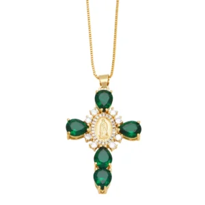 Jesus Cross Necklace for Women Men Retro Copper Zircon Colorful Cross Virgin Mary Pendants Jewelry Religion Prayer Baptism Gift