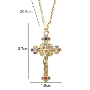Jesus Cross Necklace for Women Men Retro Copper Zircon Colorful Cross Virgin Mary Pendants Jewelry Religion Prayer Baptism Gift