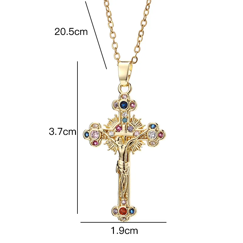 Jesus Cross Necklace for Women Men Retro Copper Zircon Colorful Cross Virgin Mary Pendants Jewelry Religion Prayer Baptism Gift