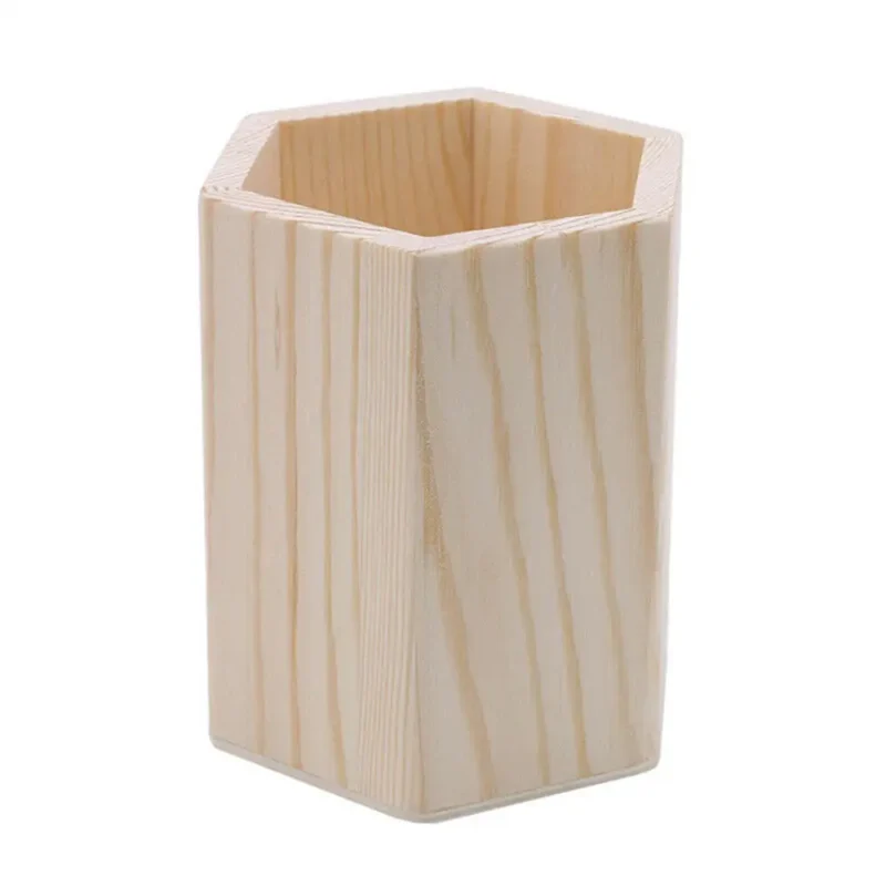 Pencil Holder Office Desk Wood Square/Round/Hexagon Pen Holder Pen Pot Cup Case Container Stationery Storage Organiser Supplies