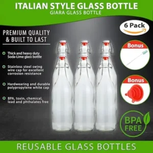 Flip Top Glass Bottles 1L (33oz) Pack of 6 – Airtight Swing Top for Kombucha, Beer, Soda, Water, Oil, Vinegar – Leak Proof Clear