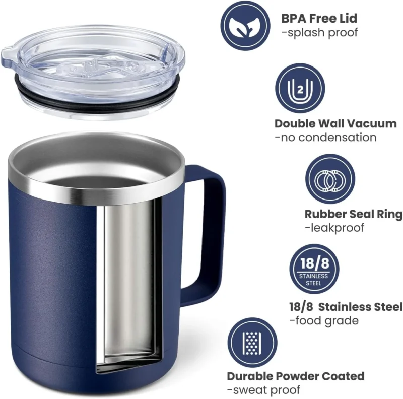 12oz Coffee Mug with Handle Sliding Lid,Stainless Steel Travel Tumbler Cup Double Insulated Camping Cup for Hot & Cold Drink Tea