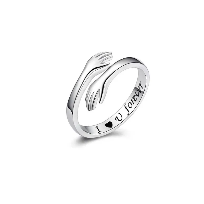 Zinc Alloy Open Mouth Hands Hug Ring Adjustable Love You Forever Lover Ring