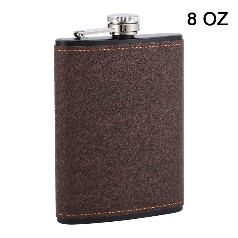 6/8oz Portable Hip Flask Brown Leather Covered Stainless Steel Flask for Alcohol Whiskey Flasks Man Gift
