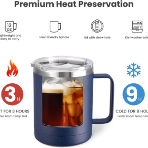 12oz Coffee Mug with Handle Sliding Lid,Stainless Steel Travel Tumbler Cup Double Insulated Camping Cup for Hot & Cold Drink Tea