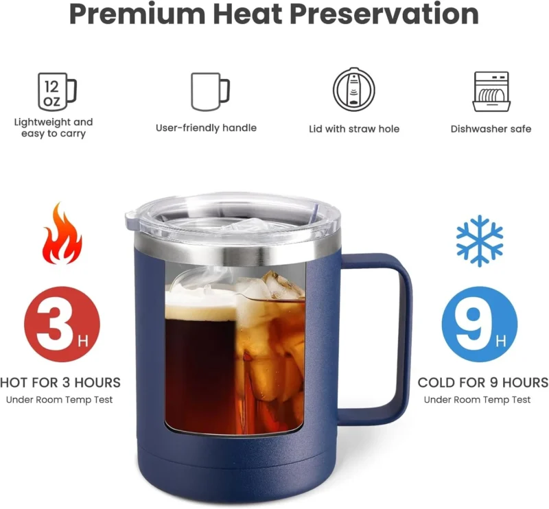 12oz Coffee Mug with Handle Sliding Lid,Stainless Steel Travel Tumbler Cup Double Insulated Camping Cup for Hot & Cold Drink Tea