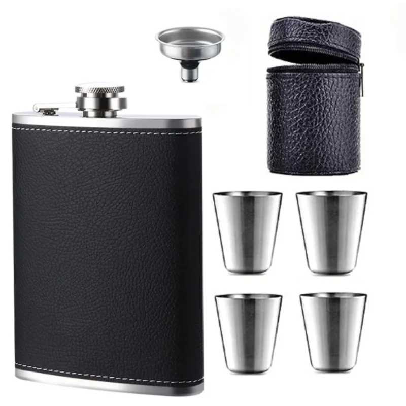 Wine Bottle 8 Oz Leather Texture Hip Flask with Funnel and Cups Stainless Steel Flagon Leakproof Thickened Whiskey Flasks Travel