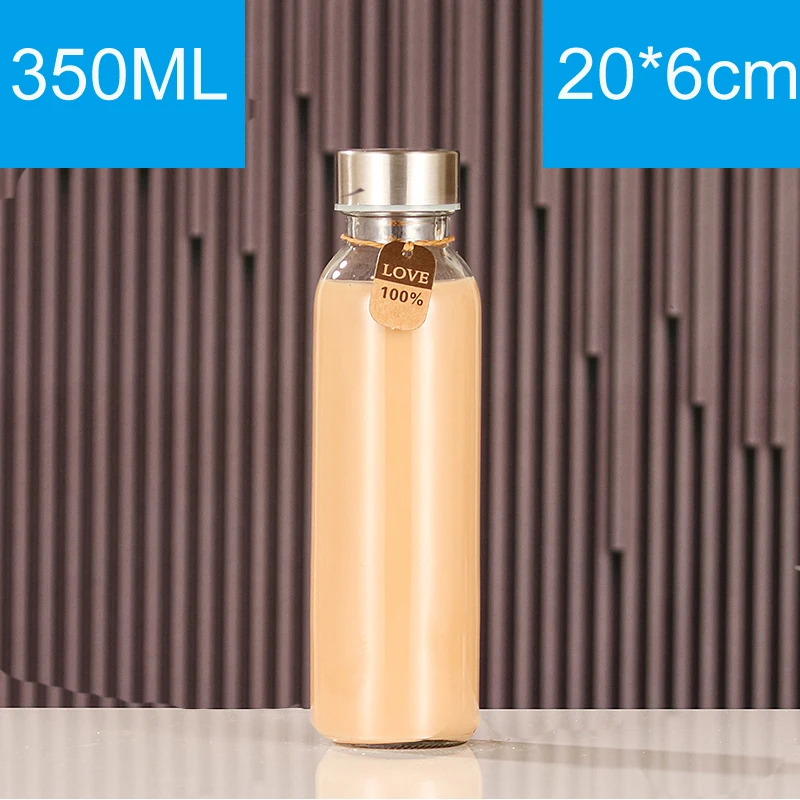 Glass Water Bottles Stainless Steel Leak Proof Lid Soda Lime  Reusable Drinking Bottle Sauce Jar Juice Beverage Container