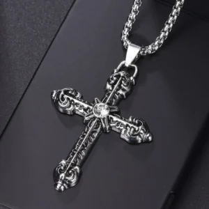 Christian Jesus Cross Necklace For Men Women Stainless Steel Chains Choker Religion Blue Pendants Jewelry Prayer Baptism Gifts