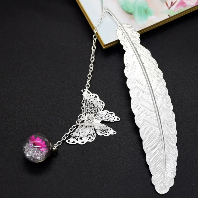 S4c6ca368ac9743c49ae3a80778106101S.webp Retro Bookmark Feather Butterfly Creative Metal Bookmarks Stationery Gift Metal Feather Bookmark In Gift Box Packaging